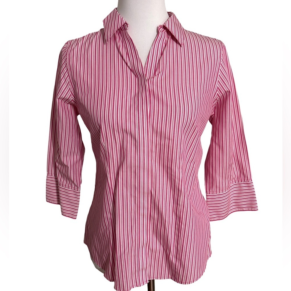 Chico's Red Striped Non Iron Button Down Shirt Size 0